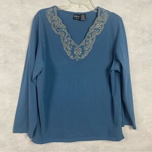 Erika Teal Long Sleeve Top with Embroidery